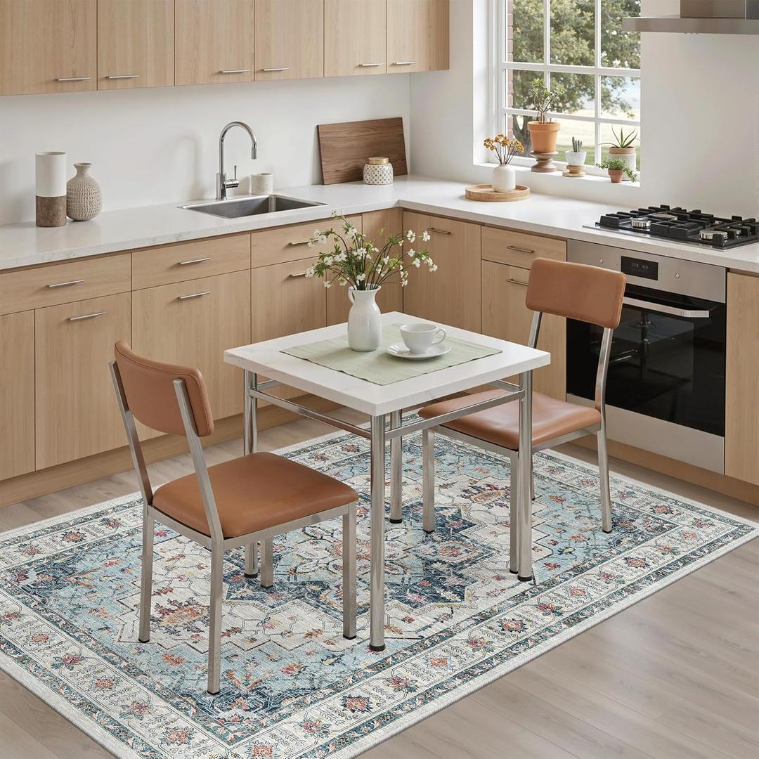 Madane Area Rug 4x6 Washable Rugs: Vintage Living Room Rug Soft Low Pile Non Slip Area Rugs Distressed Indoor Floor Carpet for Bedroom Kitchen Dining Room Home Decor, Blue