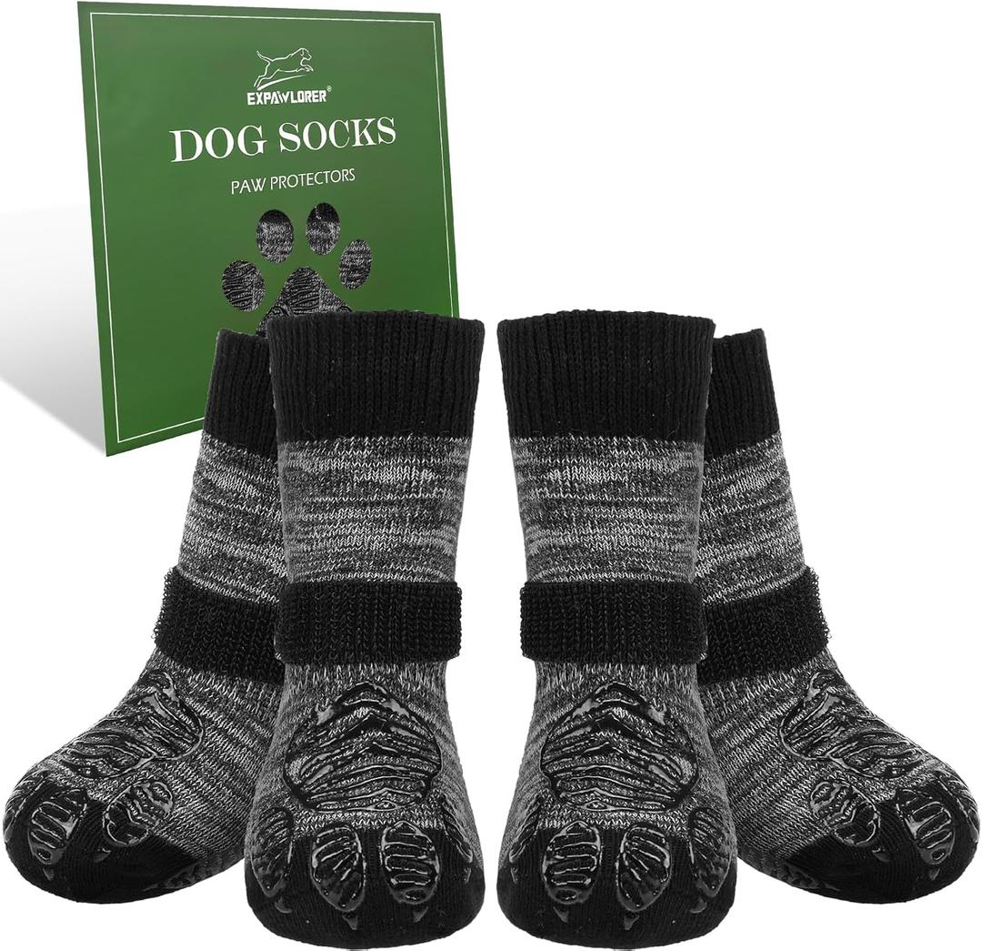 EXPAWLORER Dog Socks to Prevent Licking Paws with Grippers for Hardwood Floors Anti Slip, Traction Control Dog Shoes Booties Boots & Paw Protectors for Small Medium Large Senior Dogs Cold Winter XL (Black Mixed)