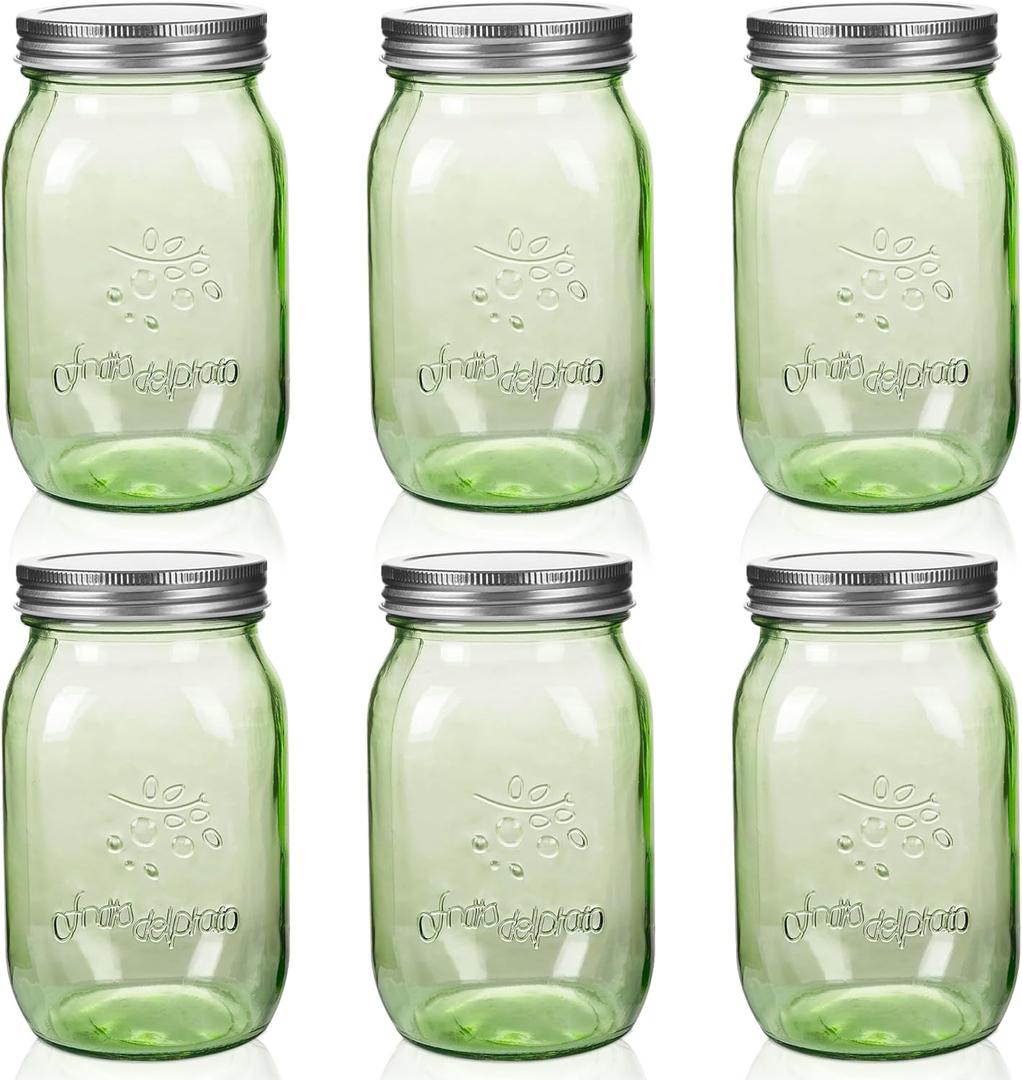 Amzcku 32 oz green Mason Jars with Lids, 6 Pack Wide Mouth Quart Canning Jar, Safe For Storage, Canning, Pickling, Preserving, Fermenting, DIY Crafts & Decor