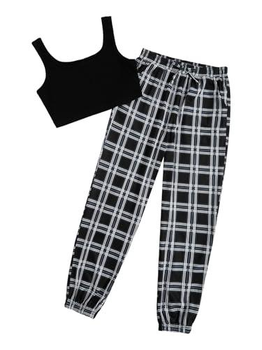 SOLY HUX Girl's 2 Piece Outfits Letter Crop Top and Pant Sets Cute Clothes Fashion Black Plaid 12 Years