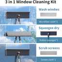 3 in 1 Window Squeegee for Home, Window Cleaning Kit with 60" Extension Pole, Professional Window Cleaner Tool for Outdoor Windows, Glass, Mirrors, Screens with 3 Microfiber Cloths & Screen Brush