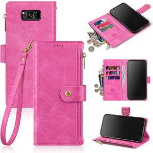 Antsturdy for Samsung Galaxy S8 Wallet Case with Card Holder Women Men,Galaxy S8 Phone Case RFID Blocking PU Leather Flip Shockproof Cover Wrist Strap Zipper Credit Card Slots,Hot Pink