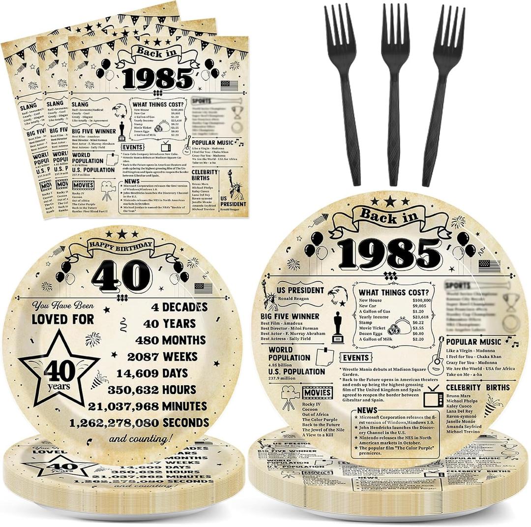 96Pcs 40th Birthday Plates and Napkins Back in 1985 Party Decorations Vintage 40 Year Old Dessert Plates 1985 Birthday Cheers to 40 Years Theme Tableware Set for 24 Guests Men Women Party Supplies