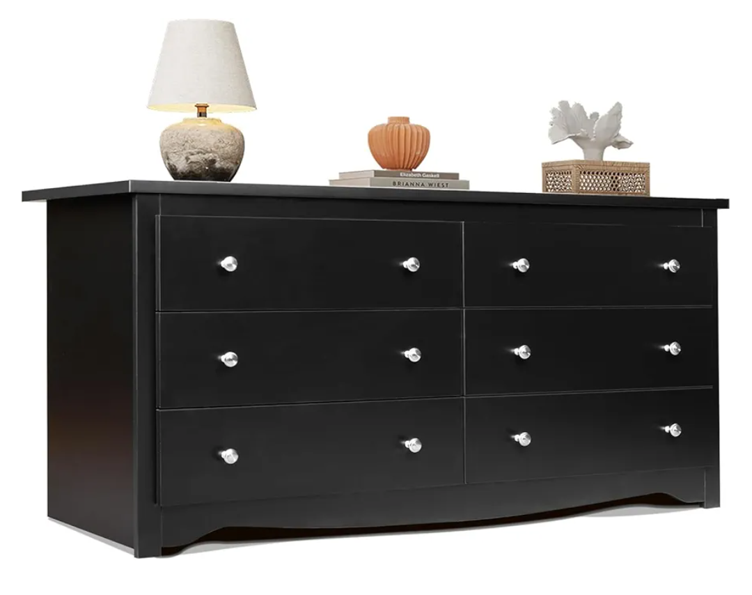 WLIVE Wood Black Dresser with 6 Drawer, Wide Chest of Drawers for Bedroom, Long Nightstand with Drawers, Modern Large Storage Tower Unit, Closet Store Organizer for Living Room