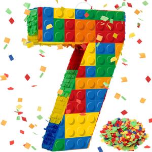 Number 7 Building Blocks Piata 16.5 Inch Party Supplies 7th Birthday Party Decorations Piata with Confetti Blocks Theme Fiesta Anniversary Celebration