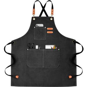 Chef Apron for Men Women Canvas Aprons with 3 Pockets Cross Back Resistant Work Apron for Cooking (Pure Black)
