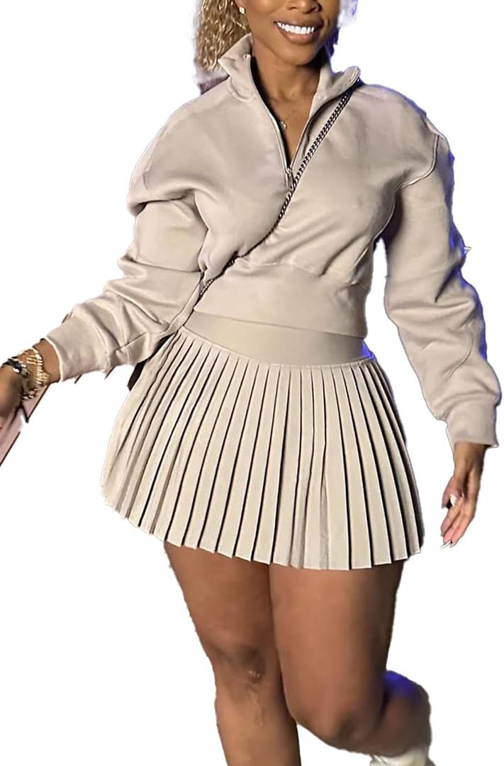 pnahip Women's Fall 2 Piece Outfits Casual Half Zip Long Sleeve Sweatshirt and Mini Pleated Skirt Set Workout Sweatsuit, Khaki, M