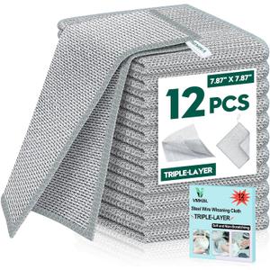 2 x 12 Pcs New Upgraded 3 Layers Non Scratch Wire Dishcloth, Multipurpose Wire Dishwashing Rags, Wet & Dry for Cookware, Sinks, Dishes, Stoves & Fireplaces (7.87 x 7.87-12pcs)