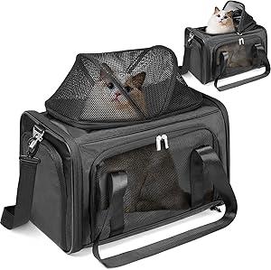 18 Lbs Cat Carrier with Top-Expandable Space & Pocket & 3 Opening for Small Dog Soft Side Airline Approved Pet Carrier Easy Clean 3 Ventilated Mesh Foldable for Travel Car Trip Outdoor Black 11 x 18 Inch