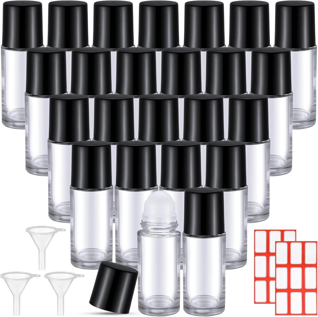 Sumind 24 Pcs Glass Roller Bottles for Essential Oil 30ml Empty Deodorant Bottle Roller Ball Container Refillable Rollerball Bottle with Plastic Balls, Funnel and Sticker (Clear)