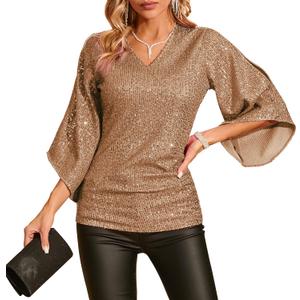 Womens Sequin Top 3/4 Sleeve Sparkly Shirt Glitter V-Neck Dressy Blouse for Evening Party Night (L)