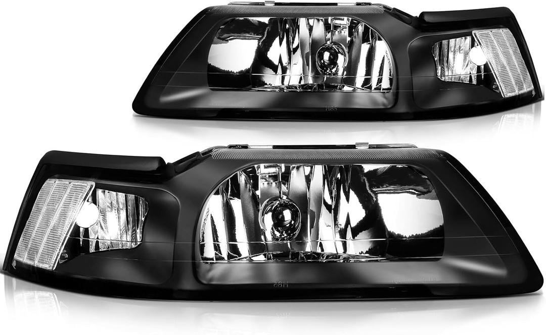 ECCPP Headlight Assembly For Ford Mustang 1999-2004 Driver and Passenger Side (Clear Lens Black Housing Clear Reflector)