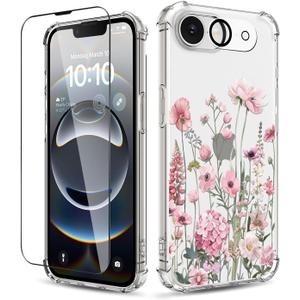 for iPhone 16e Case,[3 in 1] with Screen Protector & Camera Lens Protector, Flower Pattern Design,Clear Soft Shockproof Slim Floral Phone Cover for Women Girls 2025 6.1" (Mallow/Pink)