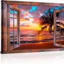 LyerArtork Window View of Hawaii Seascape Canvas Wall Art Tropical Palm Tree Picture Prints Sunset at Ocean Landscape Painting Nature Scenery Artwork for Bathroom Office Bedroom Decoration 24x36inch