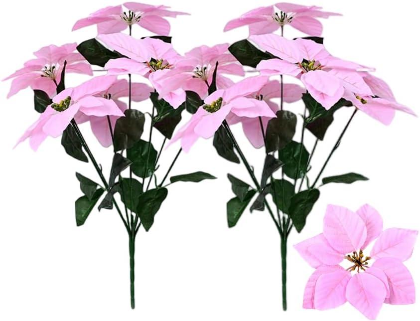 Rikyo 2- Bouquet Artificial Poinsettia Flowers 19 inch Silk Bushes Christmas Flowers Ornaments 7 Stem Heads Velvet Poinsettia Floral with Stem Leaf for Party Home Holiday Decor (Pink)
