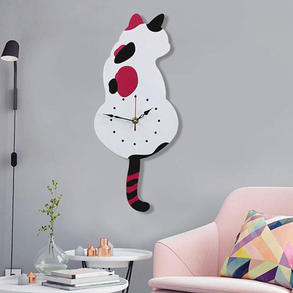 Ukey Wall Clock Creative DIY Cat Acrylic Wall Clock with Swing Tail Pendulum for Living Room Bedroom Kitchen Home Dcor - Battery Not Included (42CM x 18CM) White