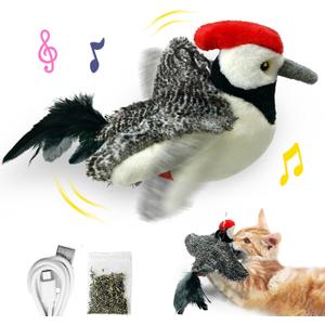 LEWISER Cat Toys, Flapping Wings Cute Woodpecker, No Flying, Chirping Bird Interactive Catnip Toy for Kitten or Small Dogs, Touch Activated, Rechargeable