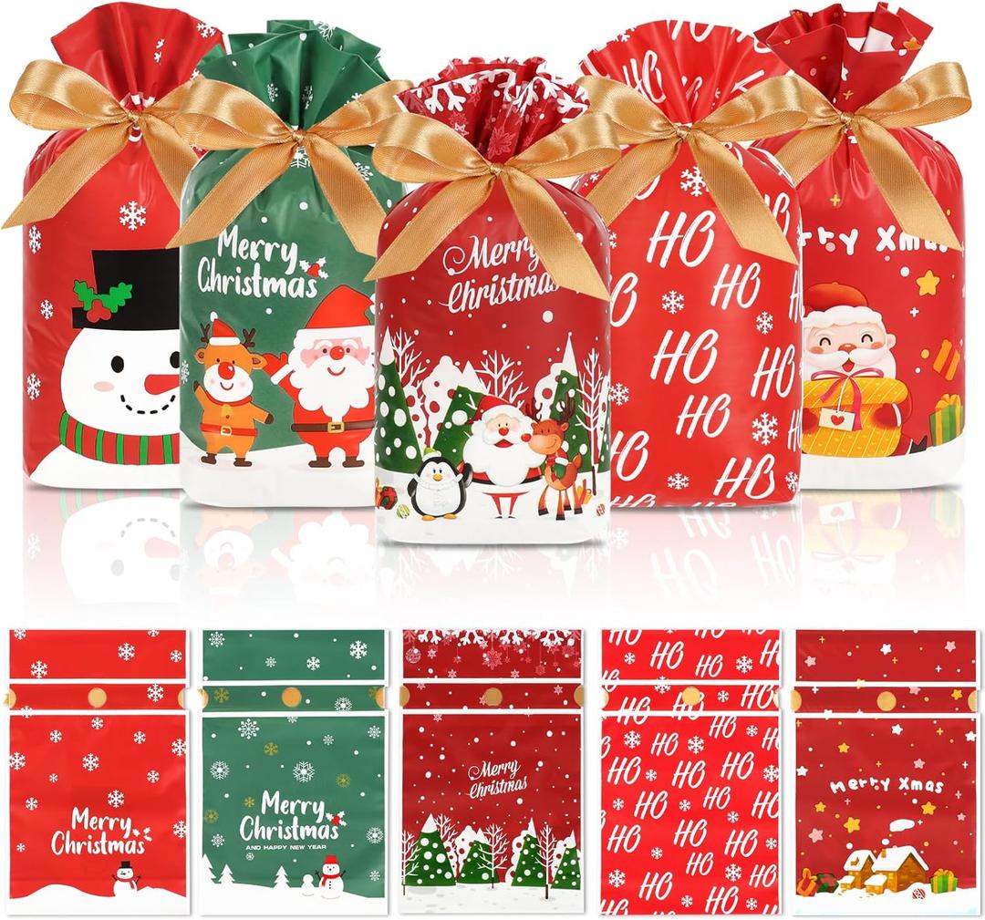 HRX Package 50pcs Christmas Treat Bags Drawstring, 5.8x9x2.4inch Small Christmas Gift Bags for Holiday Goodie Candy Cookie gift giving (Red Green)