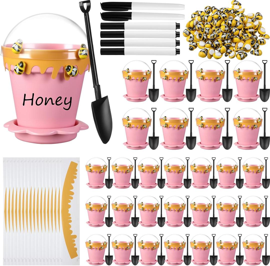 Jingmore 30 Sets Bee Honey Jars Party Favors Bulk, Mini Plastic Bee Theme Honey Jar Pots Decoration with Lids, Dippers and Saucers for DIY Cupcake Dessert Shower Wedding Party Gift Set (Pink)
