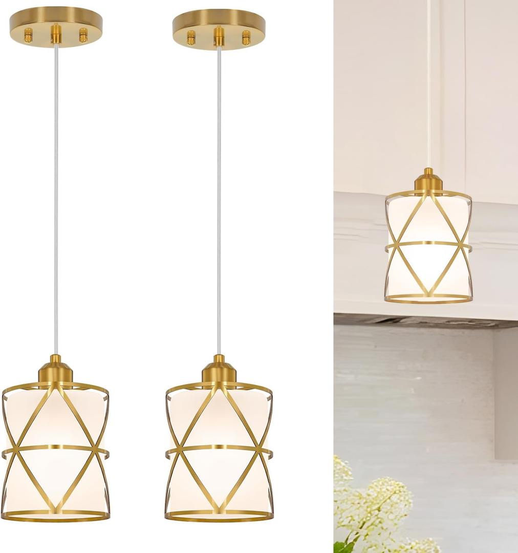 Brushed Gold Pendant Lights for Kitchen Island Set of 2, Pendant Lights Kitchen Island with Frosted Glass Shade, Modern Bathroom Pendant Lighting for Foyer, Dining Room, Entryway - Adjustable Height