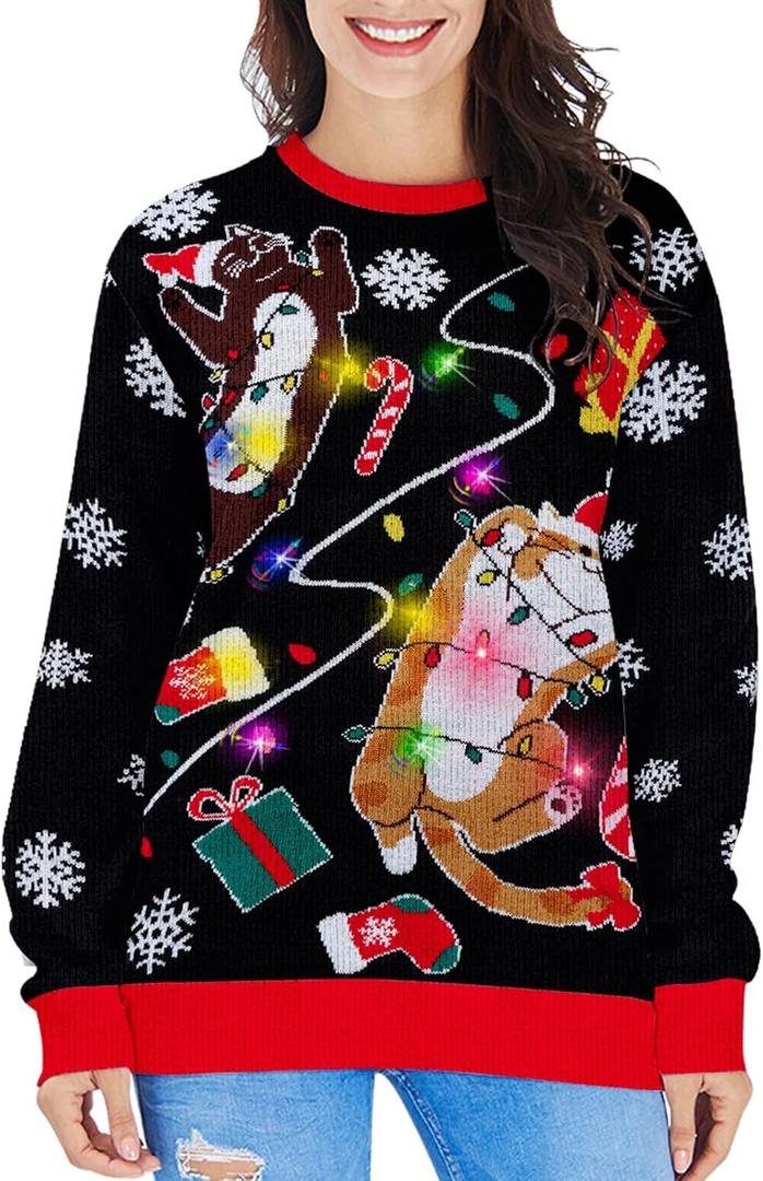RAISEVERN Ugly Christmas Sweater for Women Light Up Knitted Pullover Xmas LED Long Sleeve Sweaters (Small, 03 Cat 02)