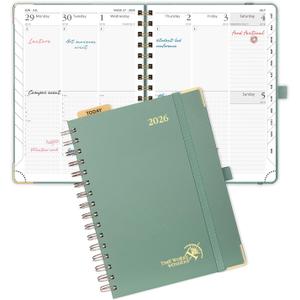 POPRUN 2026 Planner Daily Weekly and Monthly Calendar with Hourly Schedule(Medium Size 8.5'' x 6.25'' Wire-Bound Hard Cover) - Agenda 2026 (Jan.2026-Dec.2026), Monthly Tabs- Midnight Green