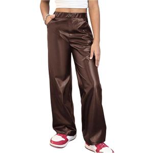 MakeMeChic Girl's PU Leather Straight Leg Pants High Waisted Zip Fly Y2K Trousers Streetwear