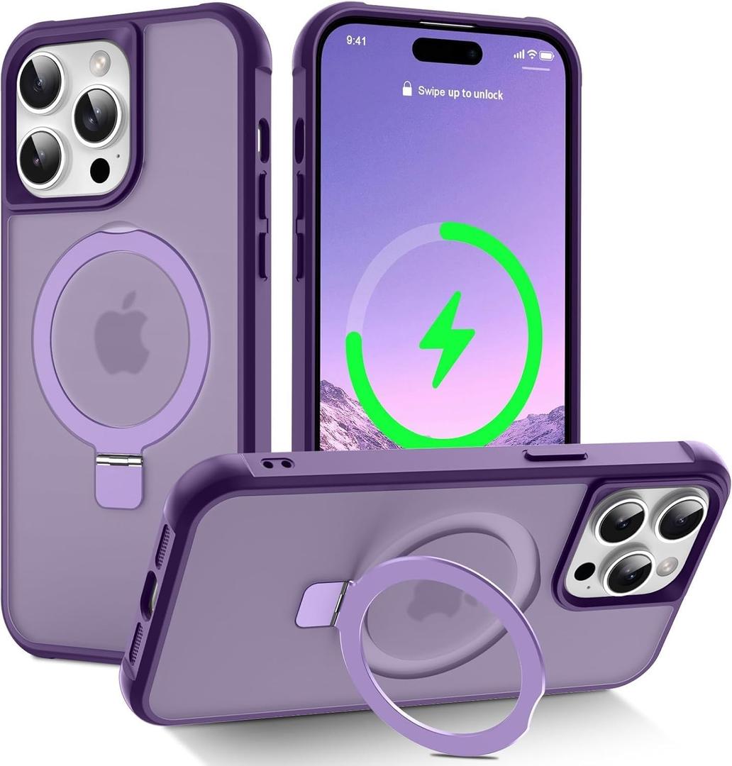 Magnetic Compatible with iPhone 14 Pro Max Case with Stand [Military Grade Drop Tested][Compatible with Magnet] Ring Translucent Slim Hard Back Soft Edge, Purple
