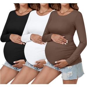 Ficerd 3 Pack Women's Maternity Shirts, Side Ruched Pregnancy Tee Tops Long Sleeve Basic Tunic Tshirt Casual Mama Clothes (Large, Black, White, Coffee)