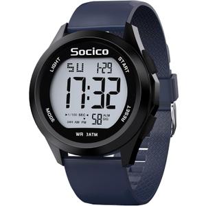SOCICO Mens Digital Watch Sports Waterproof Outdoor Large Face Military Watches with Stopwatch Back Light Alarm Date Display, Blue
