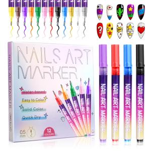 12 Colors Nail Art Markers Set- 0.5mm Ultra-Fine Tip Nail Art Pens, Quick-Dry Waterproof Nail Polish Pens, No UV Lamp Needed for DIY Nail Art/Beginners for Easter gifts