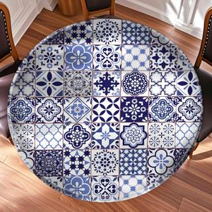 44 Inch White Blue Round Table Protector for Kitchen,Boho Grid Fitted Table Cloth Round Cover with Elastic EdgeWaterproof Picnic Circle Tablecloth for Dinner, Outdoor, Party, Camping, BBQ