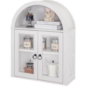 Arched Wall Cabinet with Glass Door, Arch Display Wall Mounted Cabinet, Farmhouse Wall Cabinet with Shelves for Living Room, Bathroom, Kitchen (White)