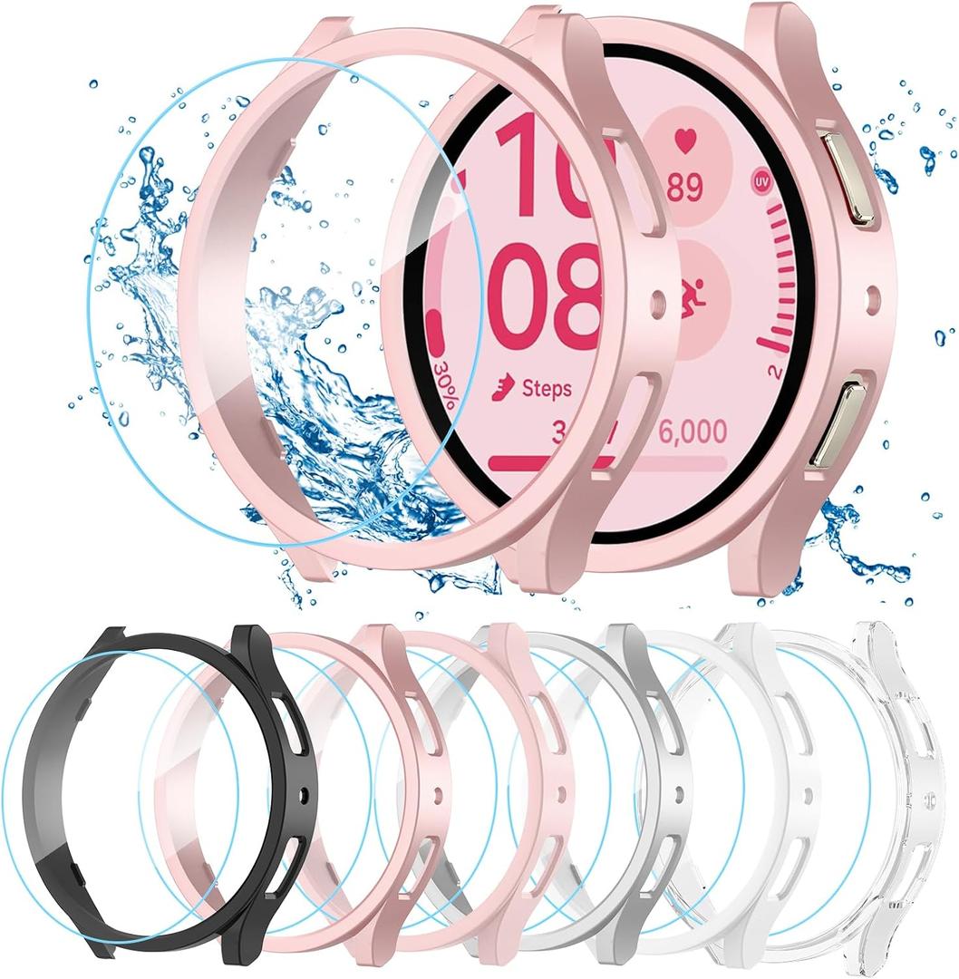 [6+6 Pack for Samsung Galaxy Watch 5/4 Screen Protector Case 44mm, HD Anti-Fog Tempered Glass Film & Waterproof Hard PC Bumper Cover for Galaxy Watch 5 4 44mm