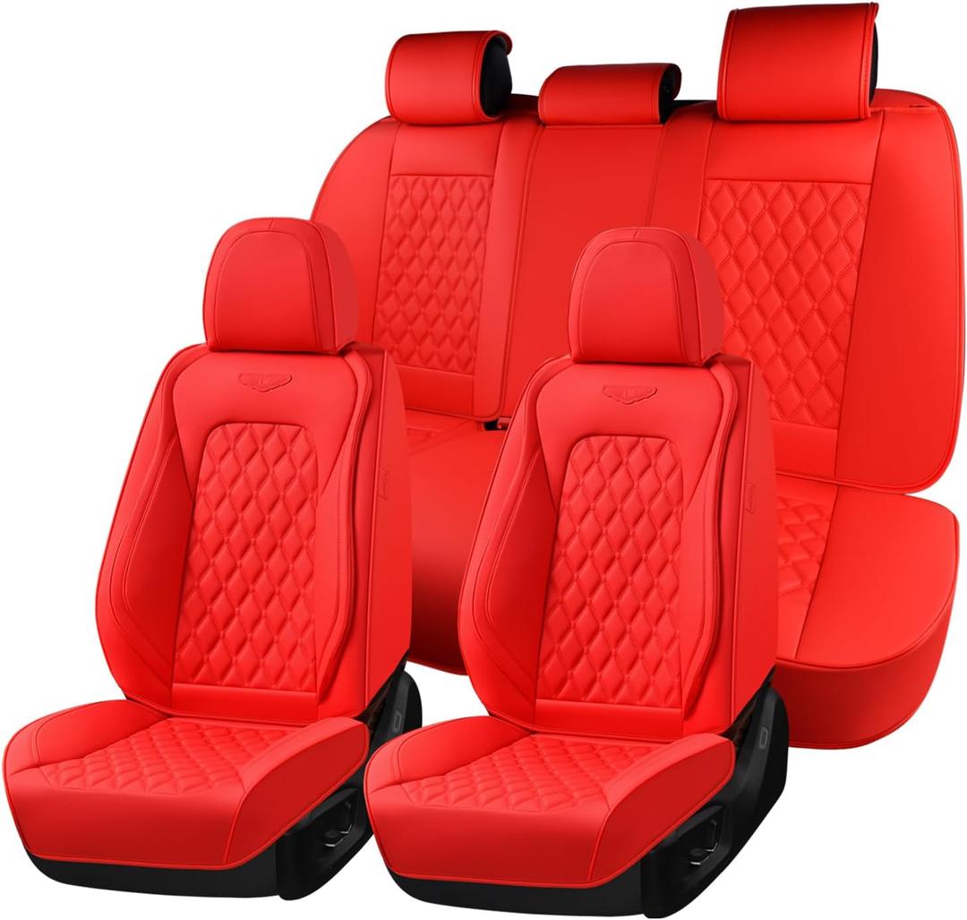 Coverado Full Set Car Seat Covers, 5-Seat Universal Faux Leather Waterproof Seat Covers, Front & Back Car Seat Protectors, Red Leather Seat Covers Fit for Most Vehicles-Red