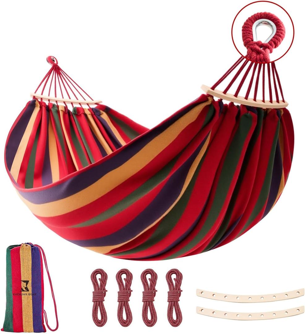 Hammock, Cotton Canvas Hammock Portable Camping Hammock with Carrying Bag Two Anti Roll Balance Beam Metal Carabiner Ropes and Tree StrapsSuit for Indoor,Yard,Camping,Outdoor-Rainbow (Red)
