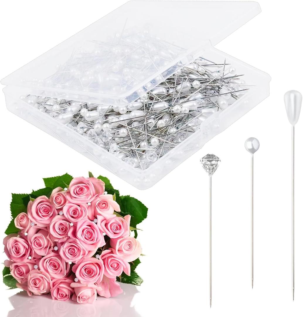 300 PCS Floral Pins for Bouquet 3 Styles Pearl Diamond Boutonniere Pins Craft Wedding Corsage Accessories with 1 Box for Dressmaking Sewing Jewelry Flower Decoration (Classic)