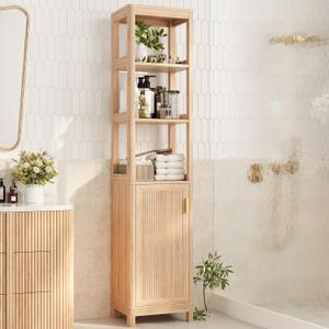 INNOD 68'' Tall Narrow Storage Cabinet with Adjustable Shelf and Door, Bathroom Storage Cabinet, Space Saver for Bathroom, Kitchen, Living Room, Natural Oak, 16 inches x 12 inches x 68 inches