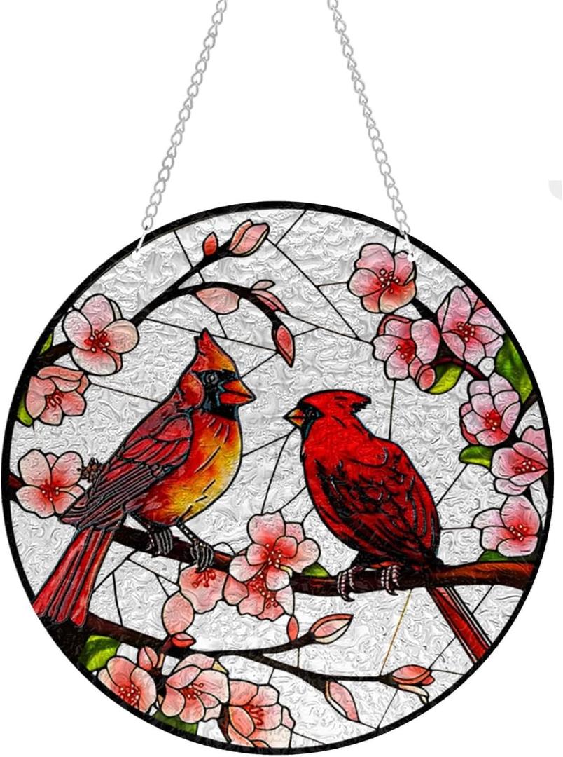 Cardinal Window Hanging Suncatcher, 10 Inch Acrylic Panel with Metal Chain, Indoor Wall Art Decor, Bird Theme Gift (Red)