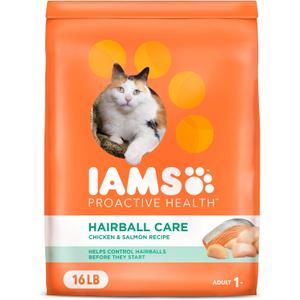 IAMS PROACTIVE HEALTH Adult Hairball Care Dry Cat Food with Chicken and Salmon Cat Kibble, 16 lb. Bag