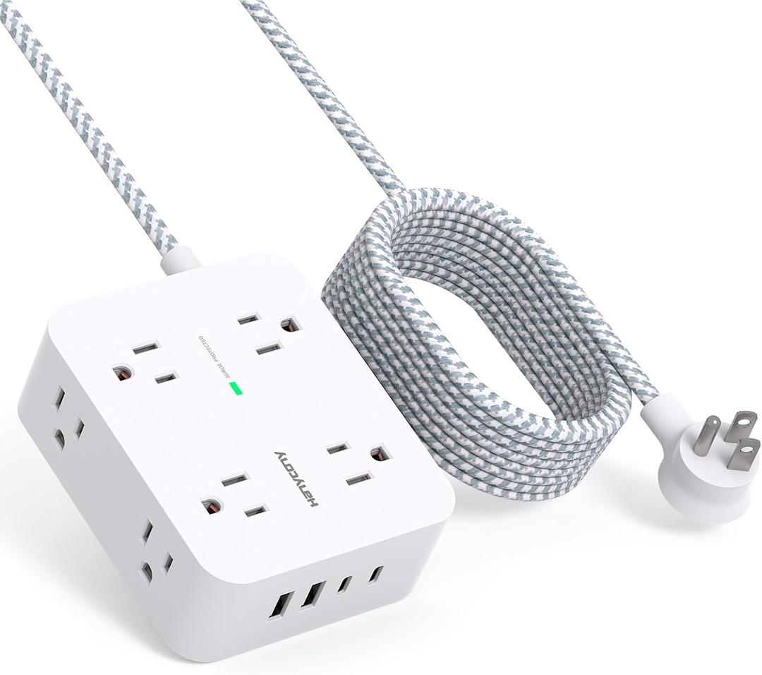 10 Ft Surge Protector Power Strip, HANYCONY Extension Cord with 8 AC Outlets 4 USB (2 USB C) Ports, Flat Plug, Wall Mount Desk USB Charging Station for Home (White)