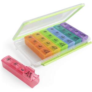 Ezy Dose Weekly (7-Day) Pill Case, Medicine Planner, Vitamin Organizer Box, Convenient and Easy to Use, X-Large Pop-Out Compartments, 4 Times a Day, Rainbow Lids with Case, BPA Free