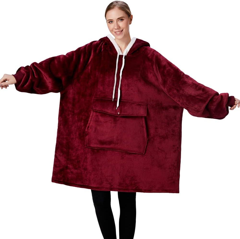 Qeils Oversized Wearable Blanket Hoodie, Comfy Sherpa Sweatshirt Pullover Jacket (Large Pocket, Burgundy, Adult, One size)