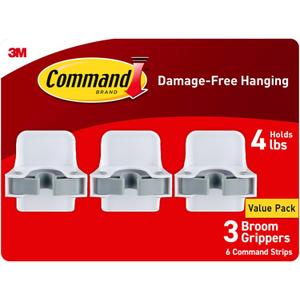 Command Broom and Mop Grippers, 3 Hangers and 6 Command Strips, Damage Free Hanging Wall Mount Broom and Mop Holder, Household Cleaning Organizer for Organization and Storage, Holds up to 4 lb