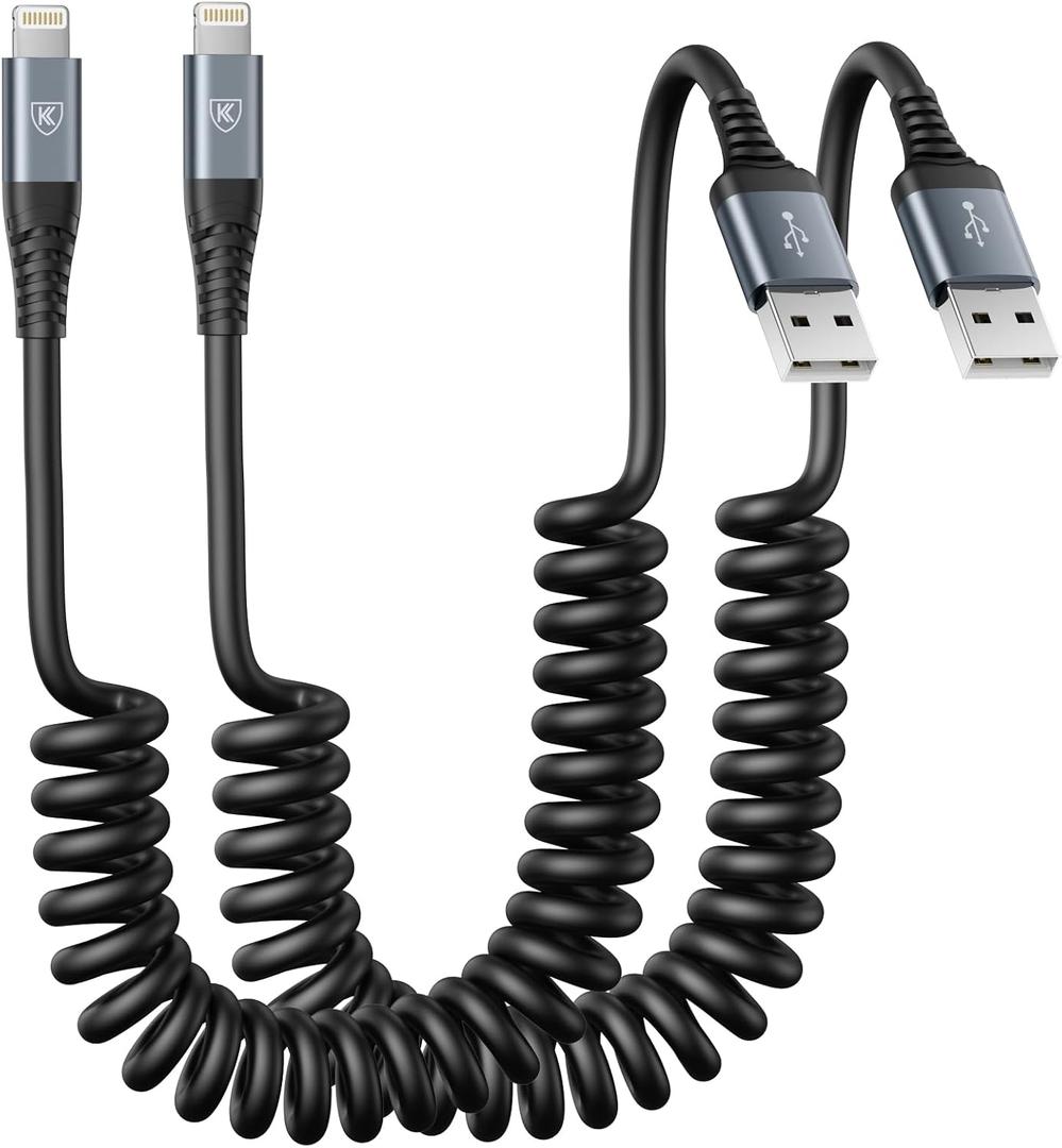 Coiled Lightning Cable, iPhone Charger Cable 3FT for Car, 2 Pack [Apple MFi Certified] 3 Feet Lightning Cord Compatible with iPhone14/13/12/11 Pro Max/XS MAX/XR/XS/X/8/7/Plus/6S iPad/iPod- Black
