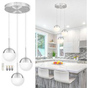 Nickel 3-Light Dimmable Modern Chandeliers for Dining Room Chandelier Frosted Milky White Glass Globe Height-Adjustable Cluster Pendant Lights Bedroom Dining Room (Bulb & Remote Incl)