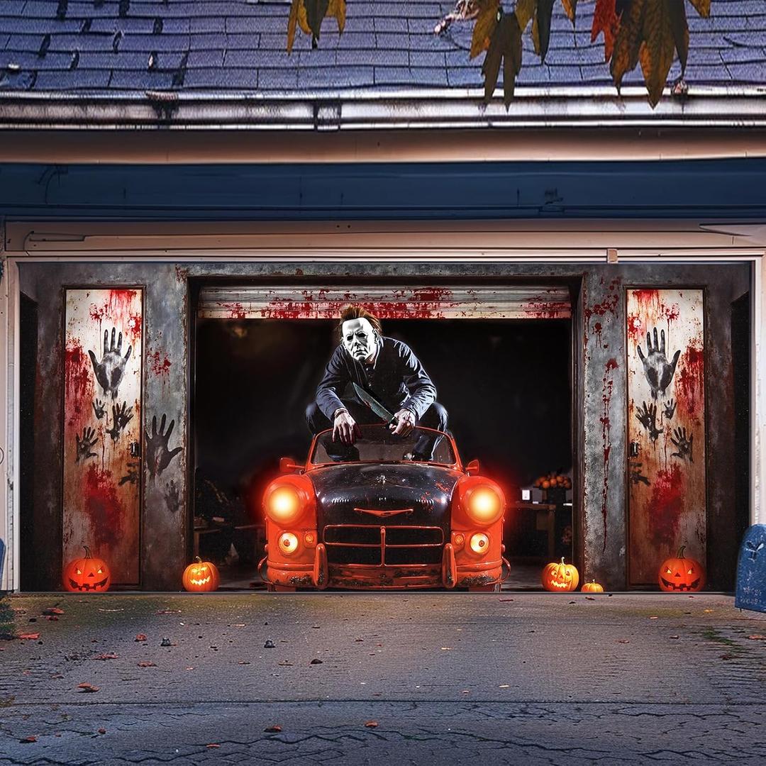 Halloween Decorations Garage Door Cover 16x7 ft, Scary Halloween Garage Door Banner Mural Backdrop Background Decor, Horror Movie Party Supplies Indoor Outdoor