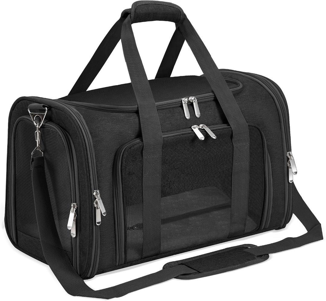 Soft-Sided Cat/Dog/Pet Carrier, Collapsible Pets Travel Carriers | for Big Cats/Small Dogs with Shoulder Strap & Removable Mat, Mesh Puppy Carry Bag, Up to 16 Lbs, TSA Airline Approved(Black)