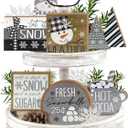 11 Pcs Grey Winter Tiered Tray Decor, Snowman Hot Cocoa Farmhouse Wood Decorations Set, Let It Snow Christmas Rustic Wooden Decorative Signs for Home Table Shelf