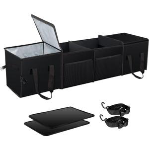 X-cosrack Insulated Car Trunk organizer, Collapsible Car Storage Organizer with 2 Cooler Bag and Lid for SUV, Jeep, Car Accessory with Mesh Pocket and Securing Strap for Grocery, 4 Compartment, Black
